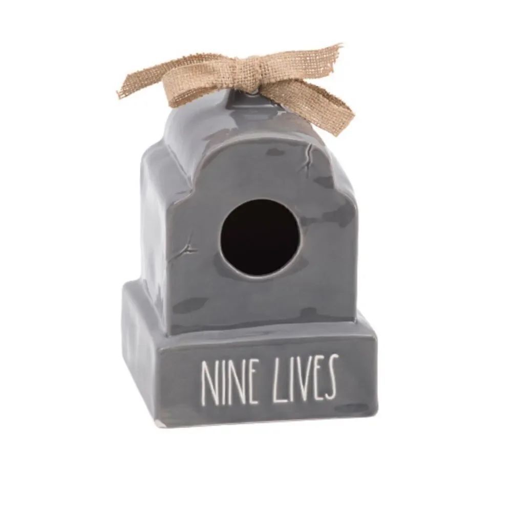 Rae Dunn gray ceramic bird house nine lives